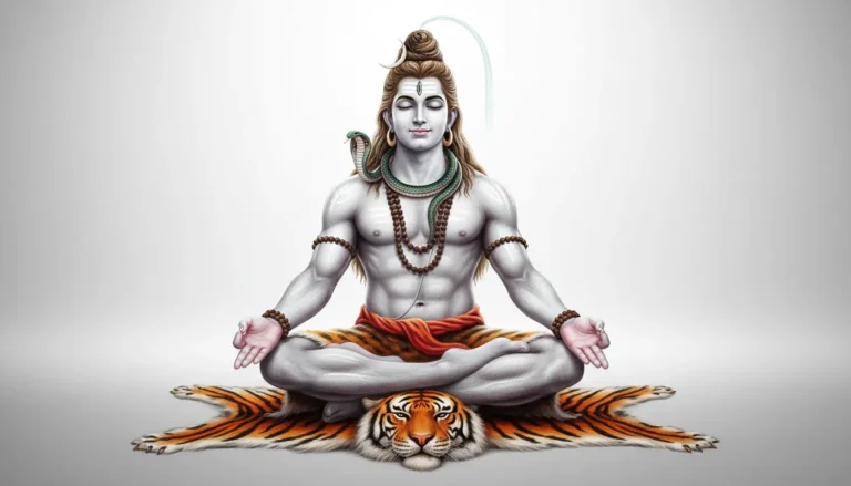 A clean and minimalist depiction of Lord Shiva meditating on a tiger skin against a soft white background.