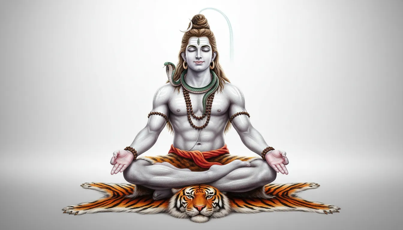 A clean and minimalist depiction of Lord Shiva meditating on a tiger skin against a soft white background.