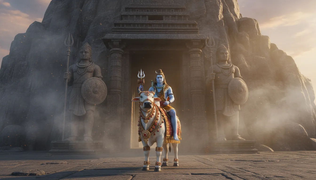 Lord Shiva with blue skin riding Nandi the white bull across galaxies and stars.