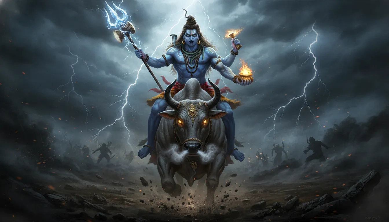 Fierce Lord Shiva riding a charging white bull on an ancient battlefield with a dark sky.