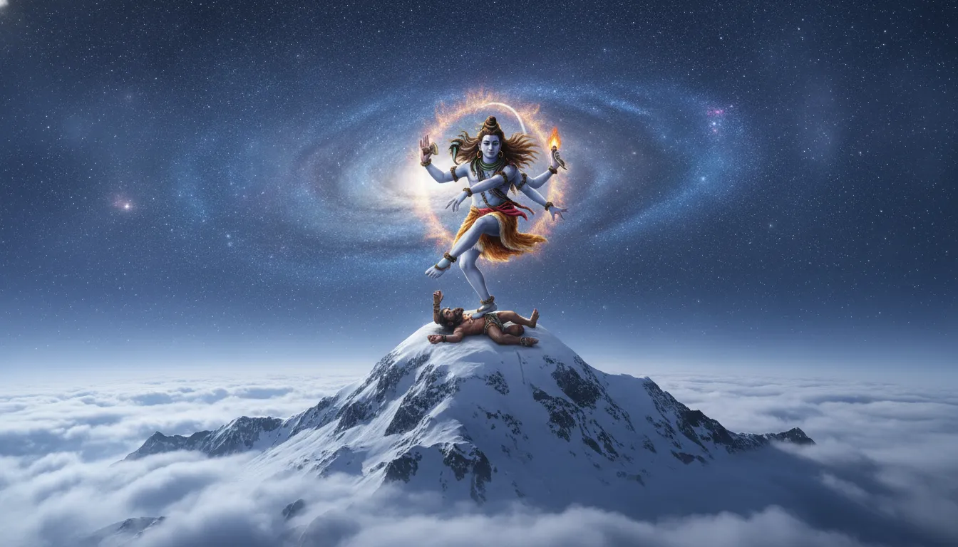 Lord Shiva Nataraja performing Tandava on snow-covered Mount Kailash peaks under a starry night.