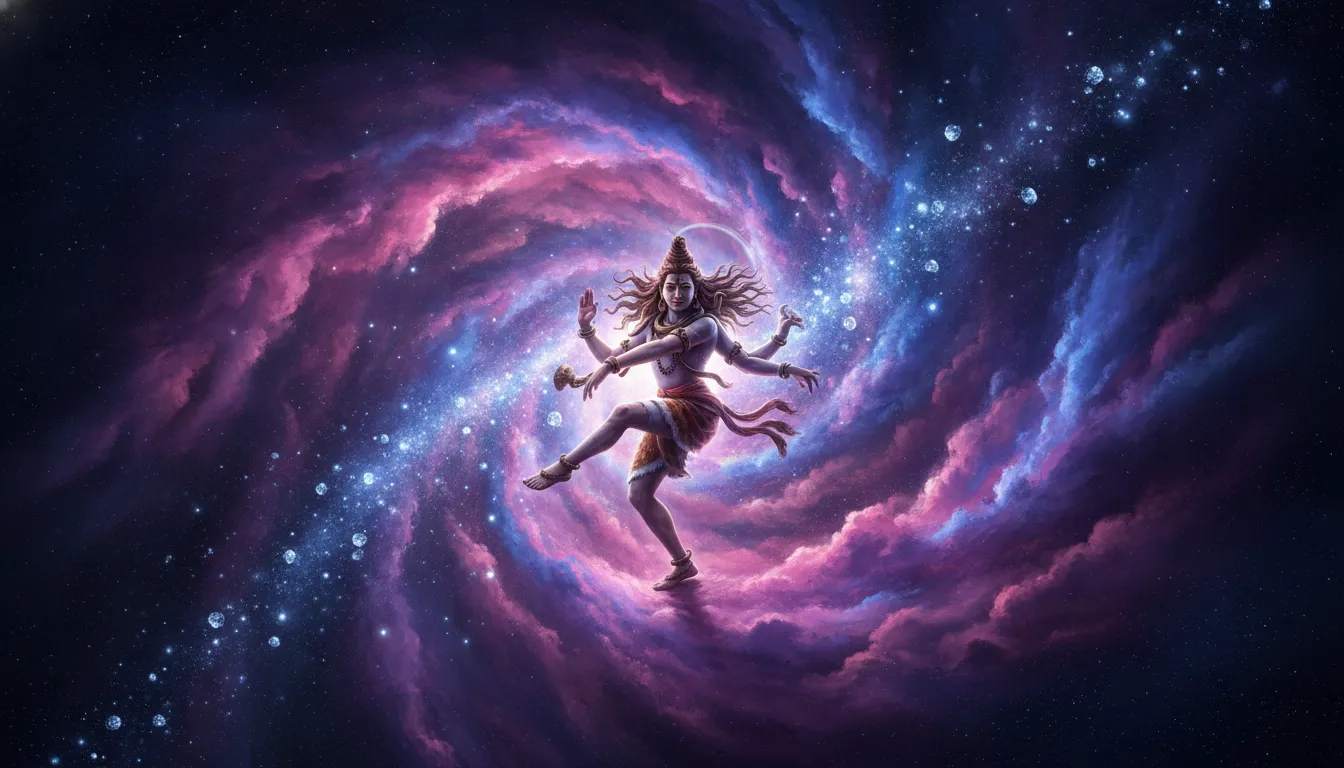 Lord Shiva performing the cosmic Nataraja dance inside a vibrant pink and purple nebula.