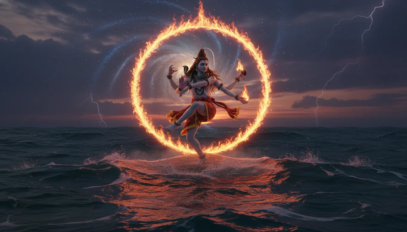 Lord Shiva performing the Tandava dance on top of powerful ocean waves.