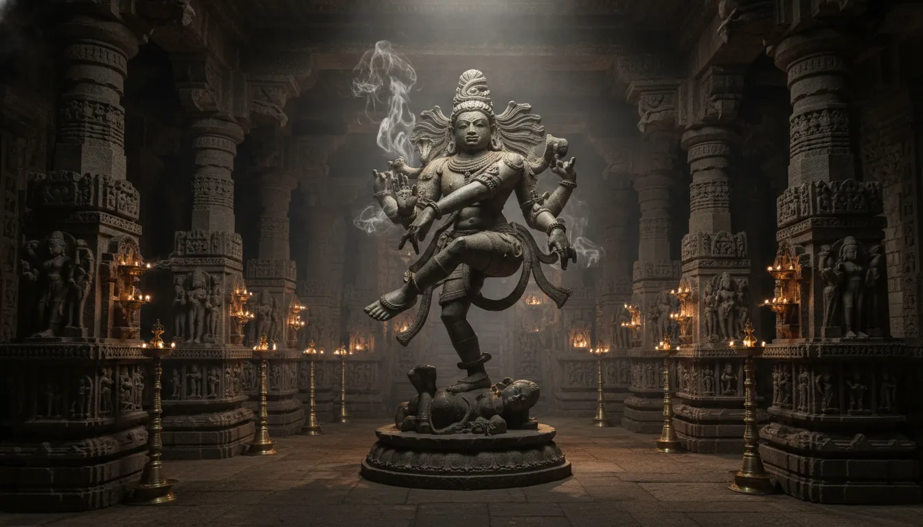 Classic stone sculpture of Lord Shiva as Nataraja inside a historic carved stone temple hall.