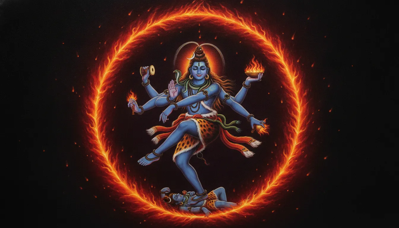 Lord Shiva performing the Nataraja dance inside a ring of cosmic fire and golden embers.