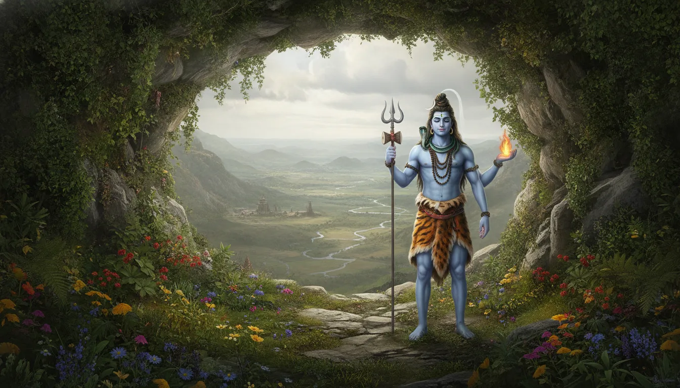 Artistic conceptual art of Lord Shiva standing at the entrance of a hidden mountain cave surrounded by wild creeping plants.