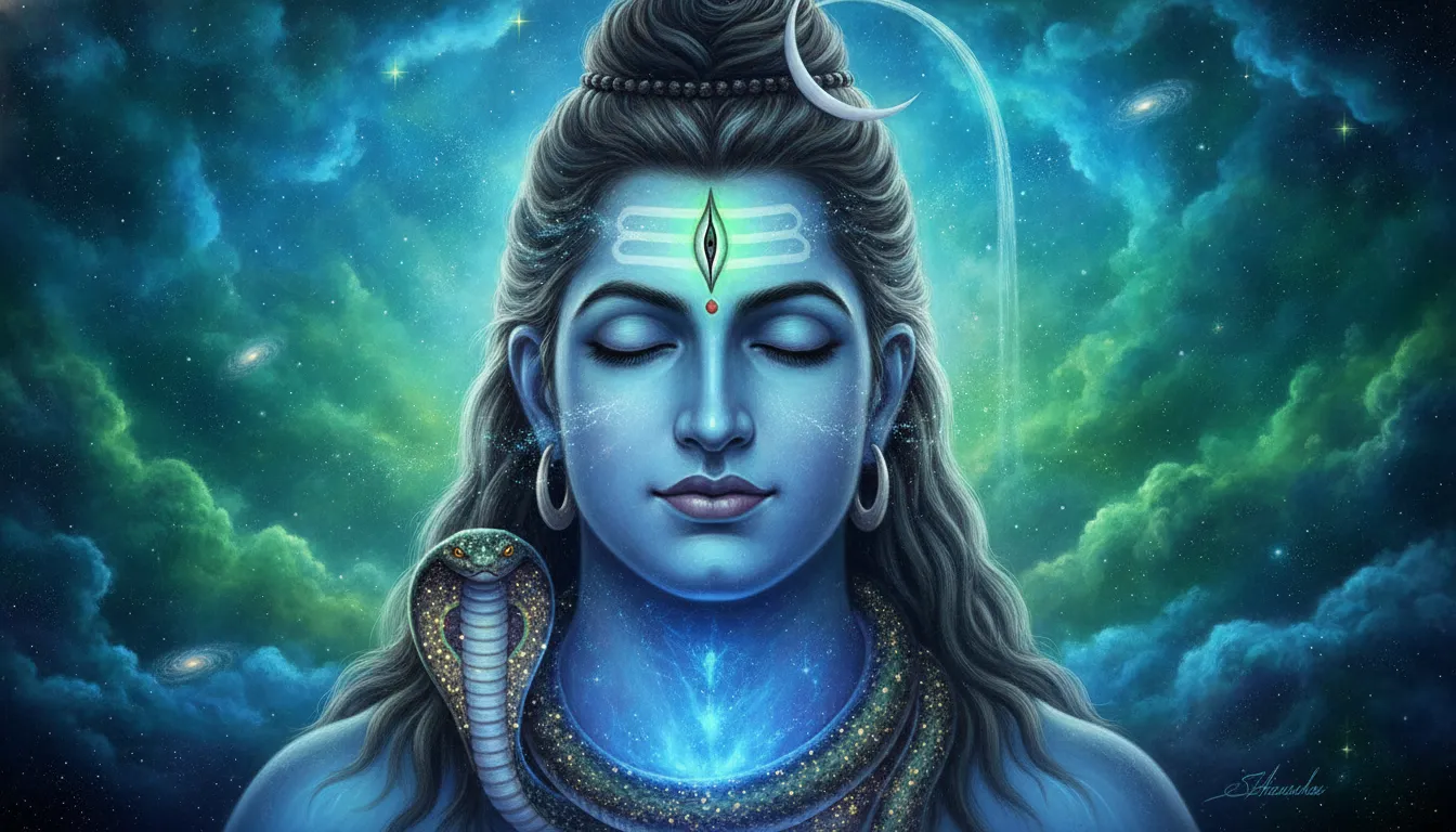 Close up artwork of Lord Shiva as Neelkanth with a glowing blue throat amidst stardust.