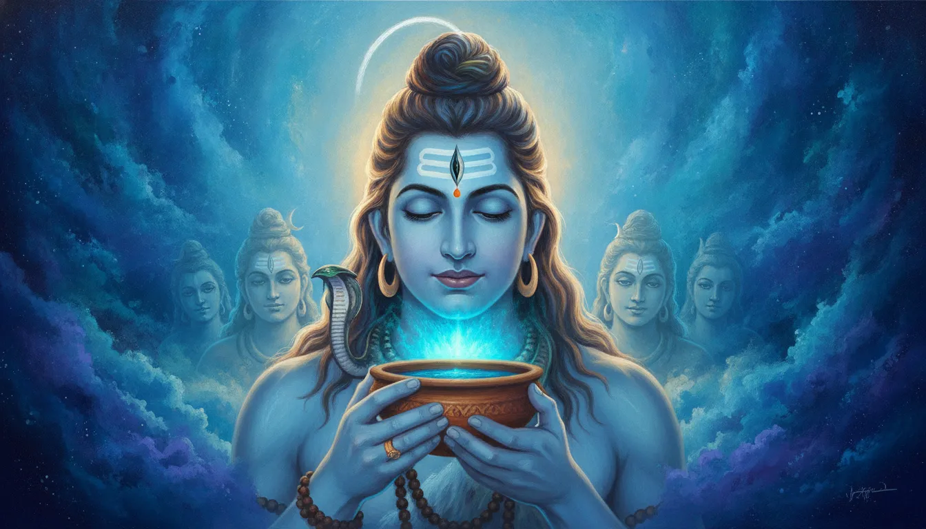 Har Har Mahadev image photo representing Lord Shiva as Neelkanth with a glowing blue throat.