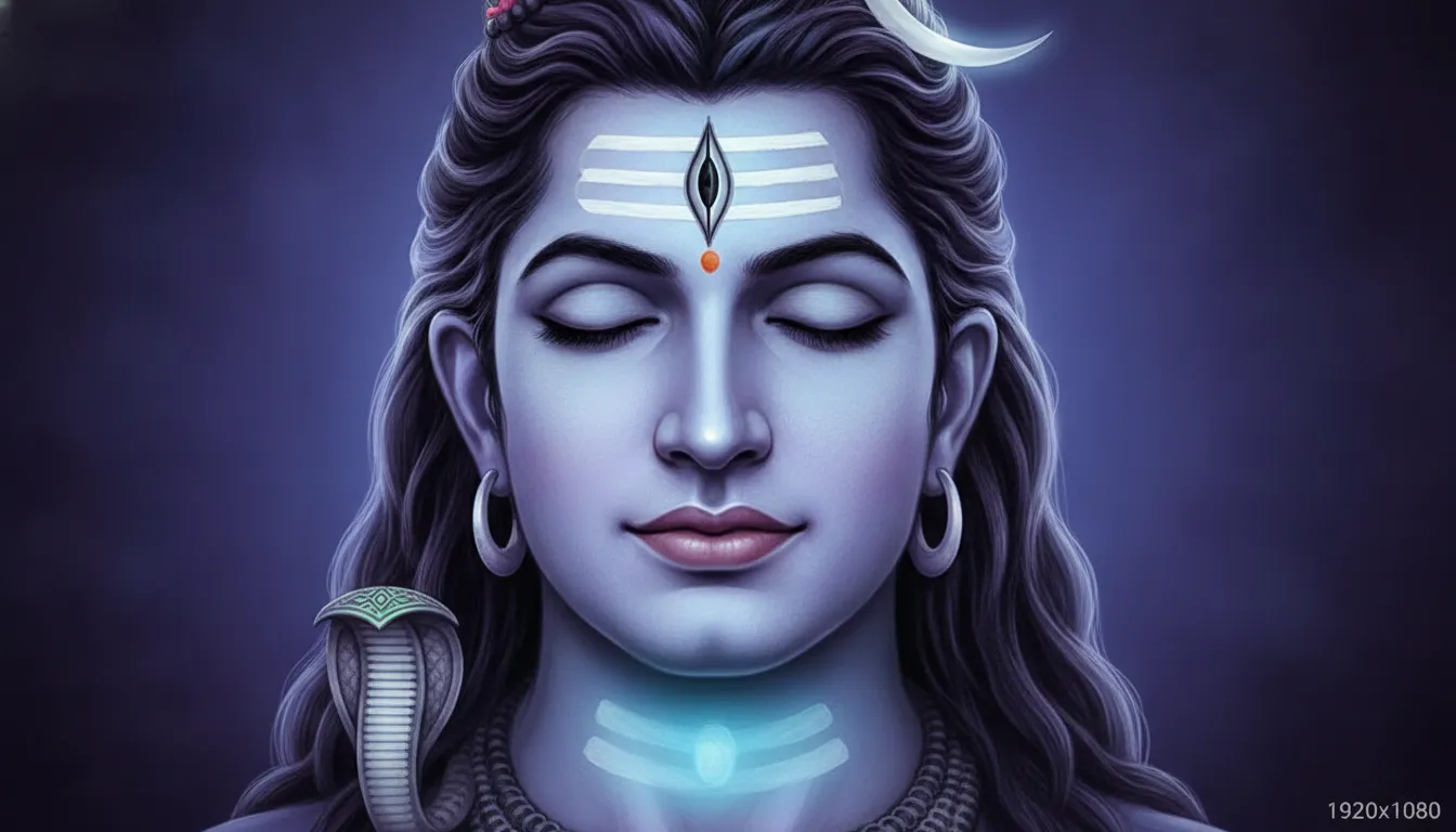 Close up portrait 1080p mahadev photo hd highlighting the beautiful blue throat of Lord Nilkantha with serene eyes.