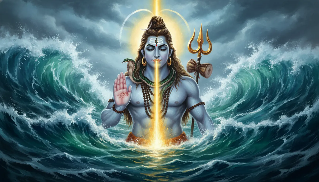 Lord Shiva standing in a dramatic ocean with his third eye glowing with fiery energy.