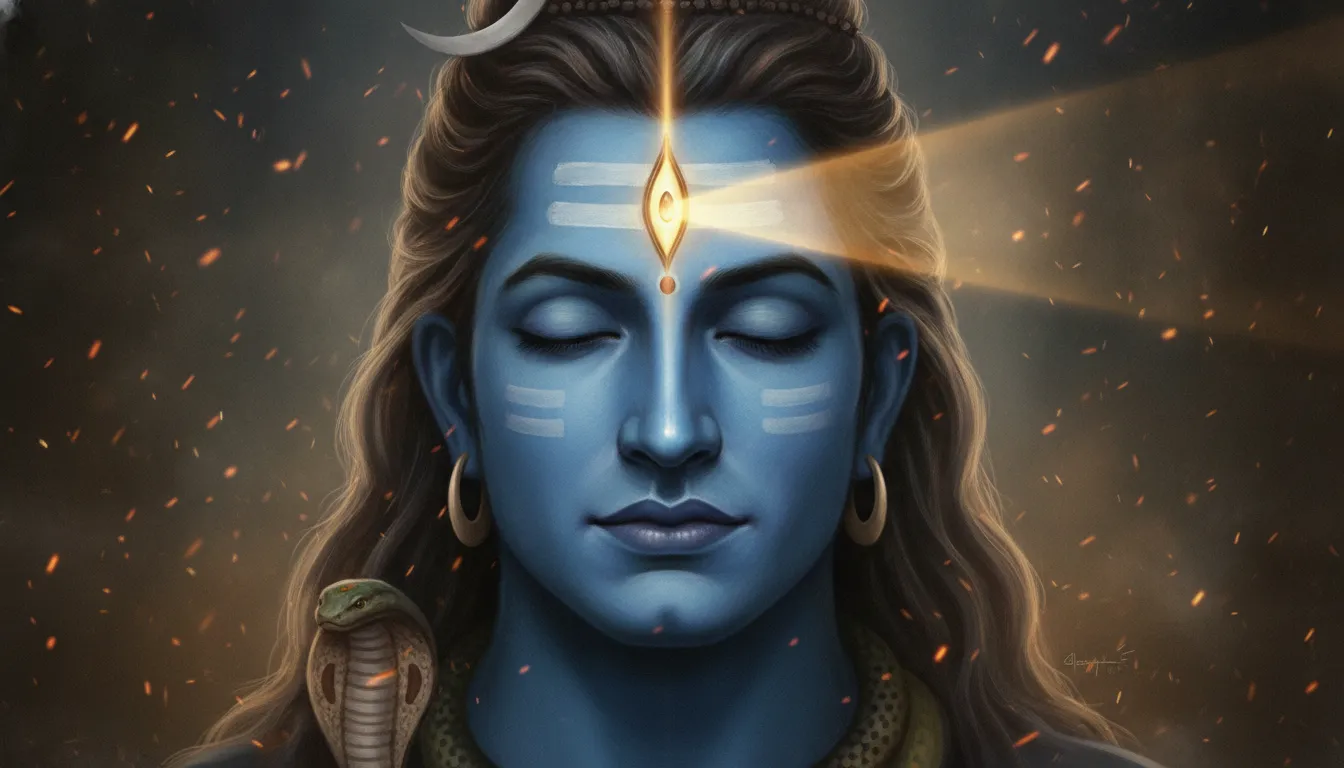 Close-up artistic illustration of Lord Shiva with his third eye opening, emitting a brilliant golden light.
