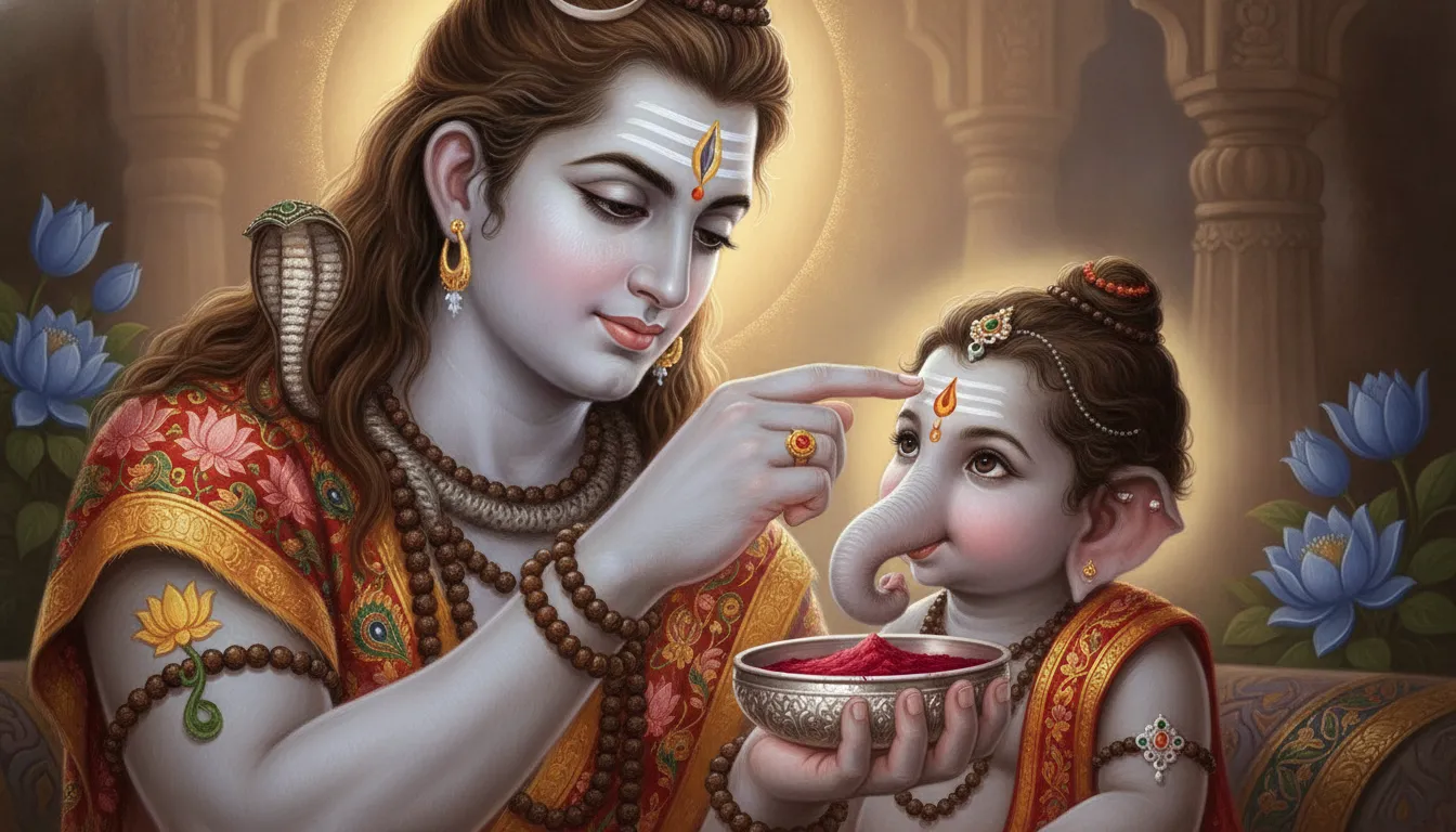 Lord Shiva using his finger to carefully apply a red sandalwood tilak on the forehead of baby Ganesha.