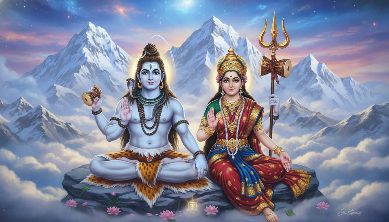 lord shiva goddess parvati blessing devotees trishul weapon himalaya mountains