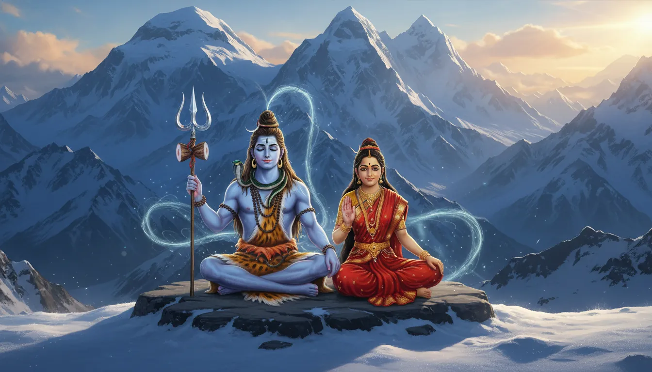 lord shiva parvati meditation blessing pose holy trishul snow mountains hd