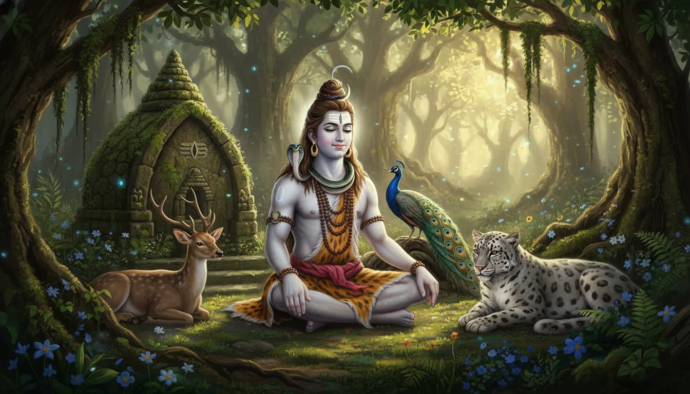 An enchanting HD image of Mahadev sitting peacefully with various gentle wild animals, suitable for "har har mahadev new photos hd."