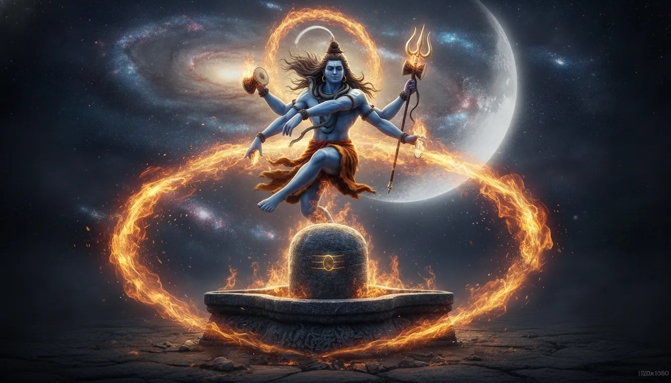 Powerful 3D render of Lord Shiva performing the divine Rudra Tandava dance behind a large stone Shivling.