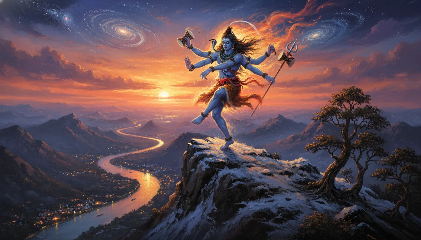Lord Shiva executing the cosmic Tandava dance on a high Himalayan cliff overlooking the Ganges river valley.