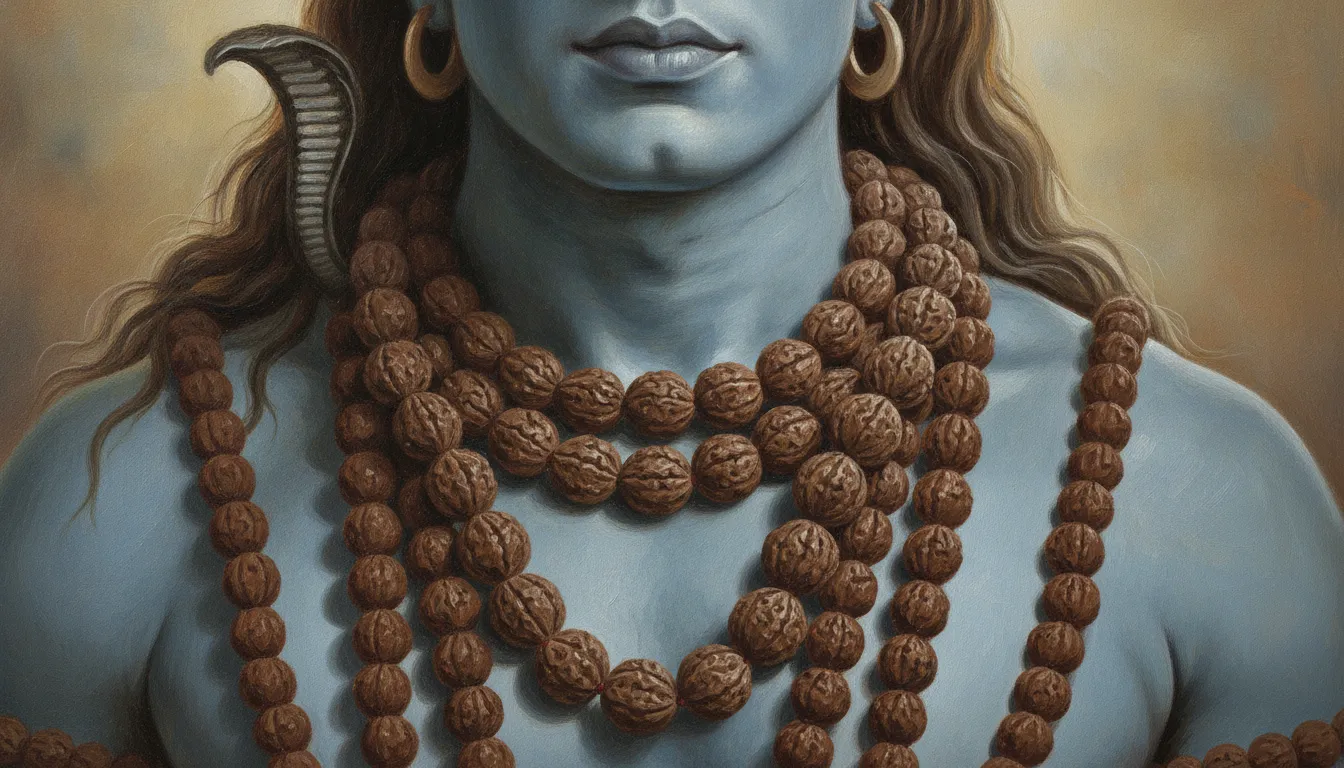 A close-up artistic painting of Lord Shiva wearing multiple layers of sacred rudraksha bead necklaces.