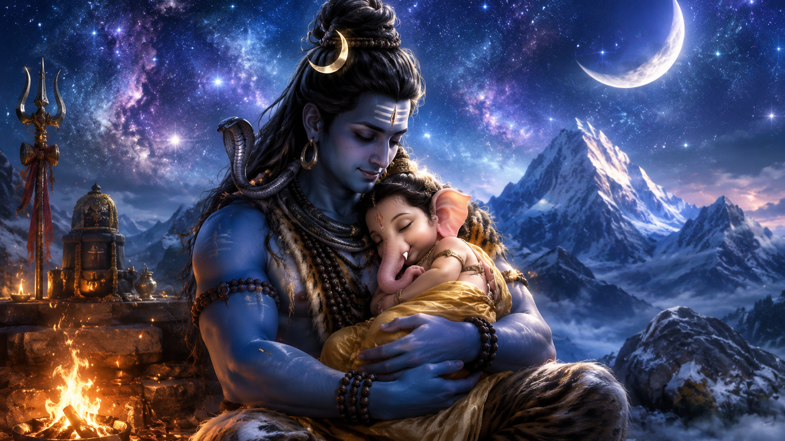 Lord Shiva cradling a sleeping baby Ganesha under a starry cosmic sky next to a gentle bonfire.