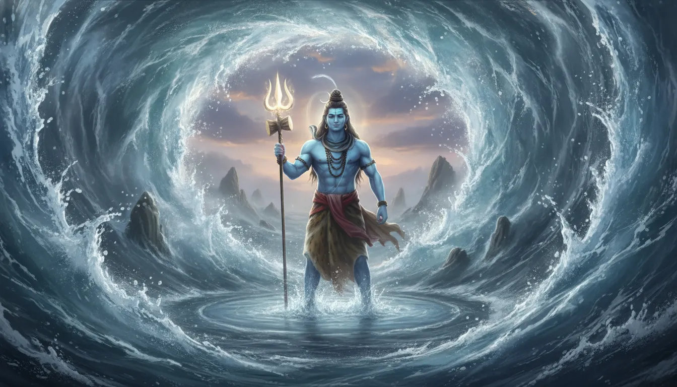 Lord Shiva standing powerfully in a swirling ocean vortex to balance the waters.