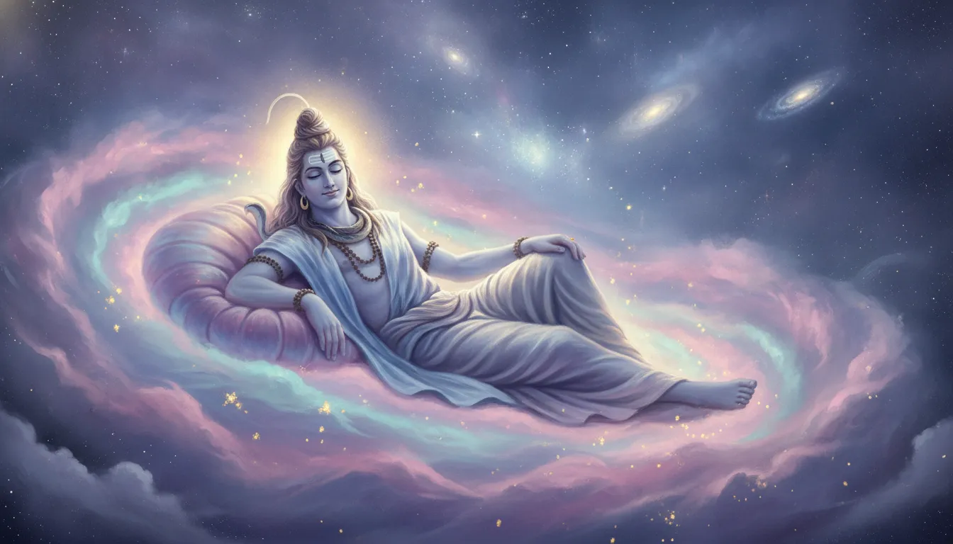 Lord Shiva reclining peacefully on a soft bed of colorful space nebula clouds.