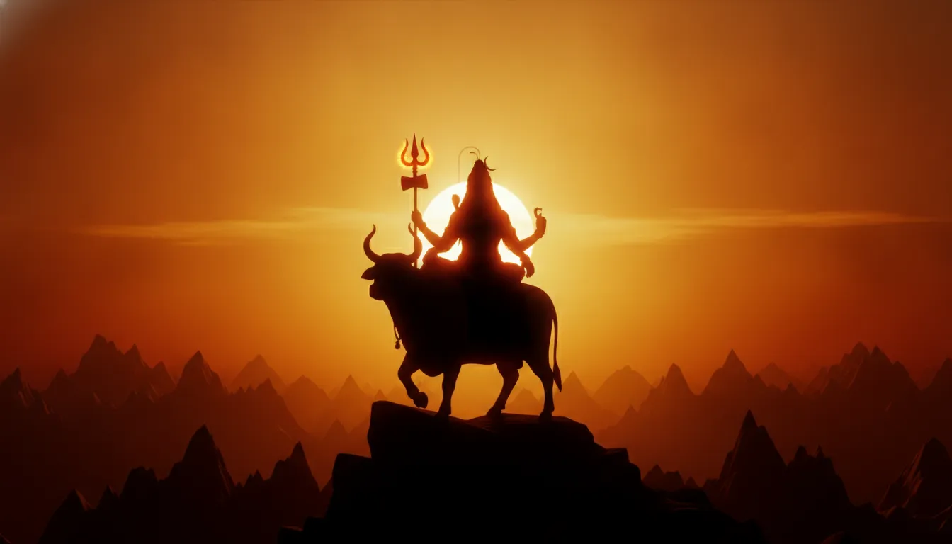 Lord Shiva on a decorated white bull silhouetted against a bright golden sunset.
