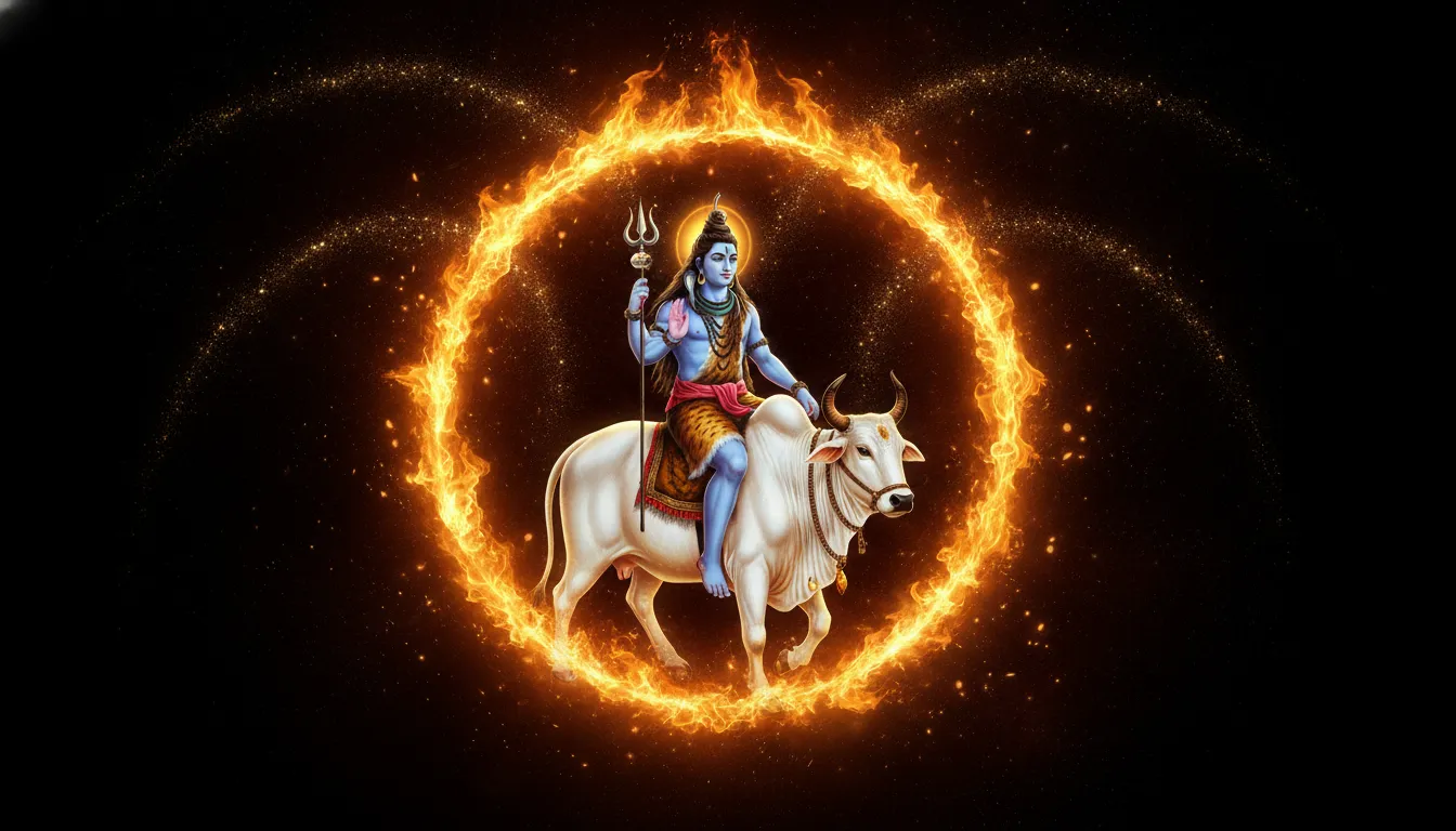 Lord Shiva on a powerful white bull walking through mystical orange flames.