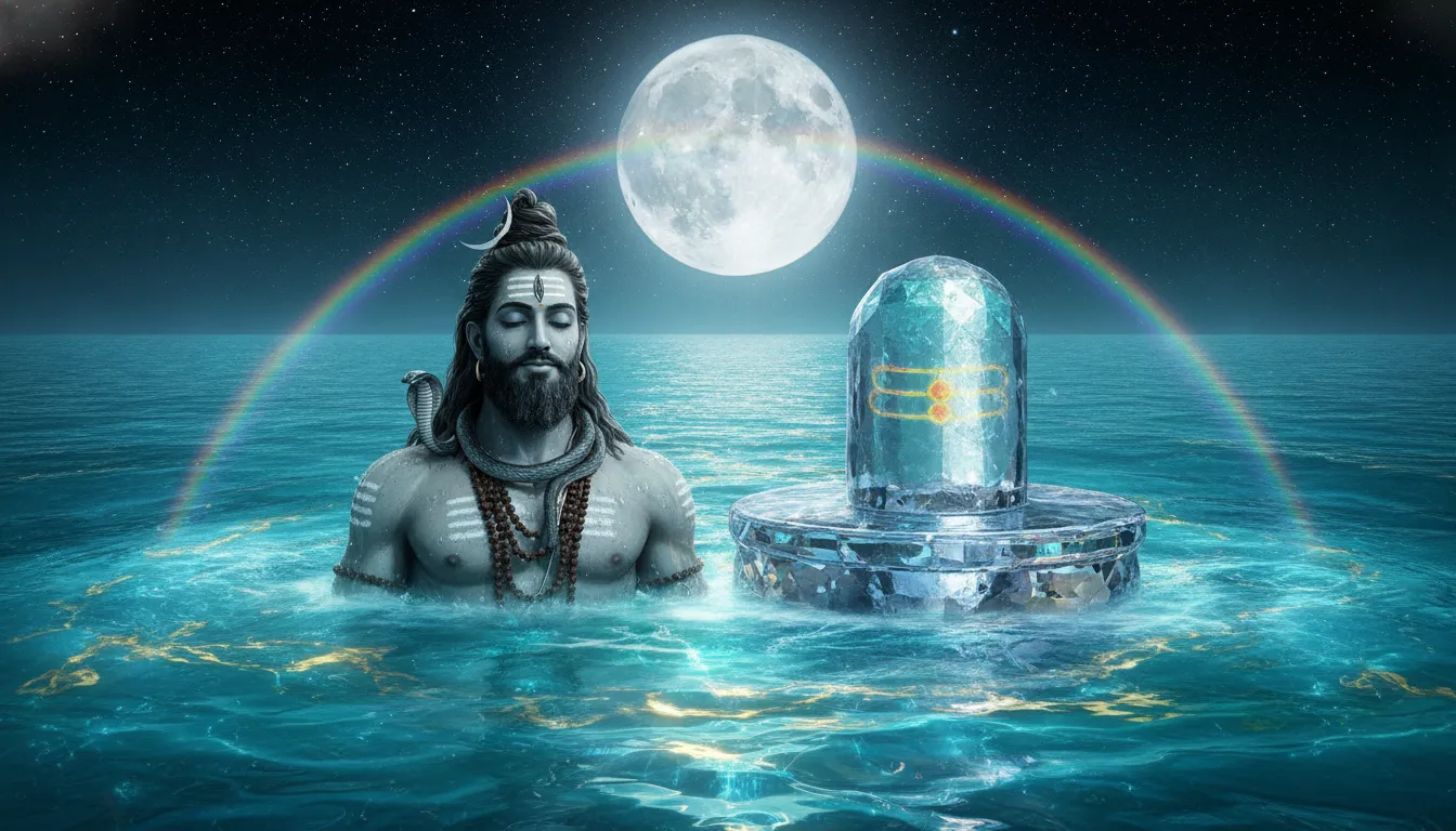 Lord Shiva rising out of a pristine, glowing cosmic ocean alongside a large, illuminated crystal Shivling under a starlit sky.