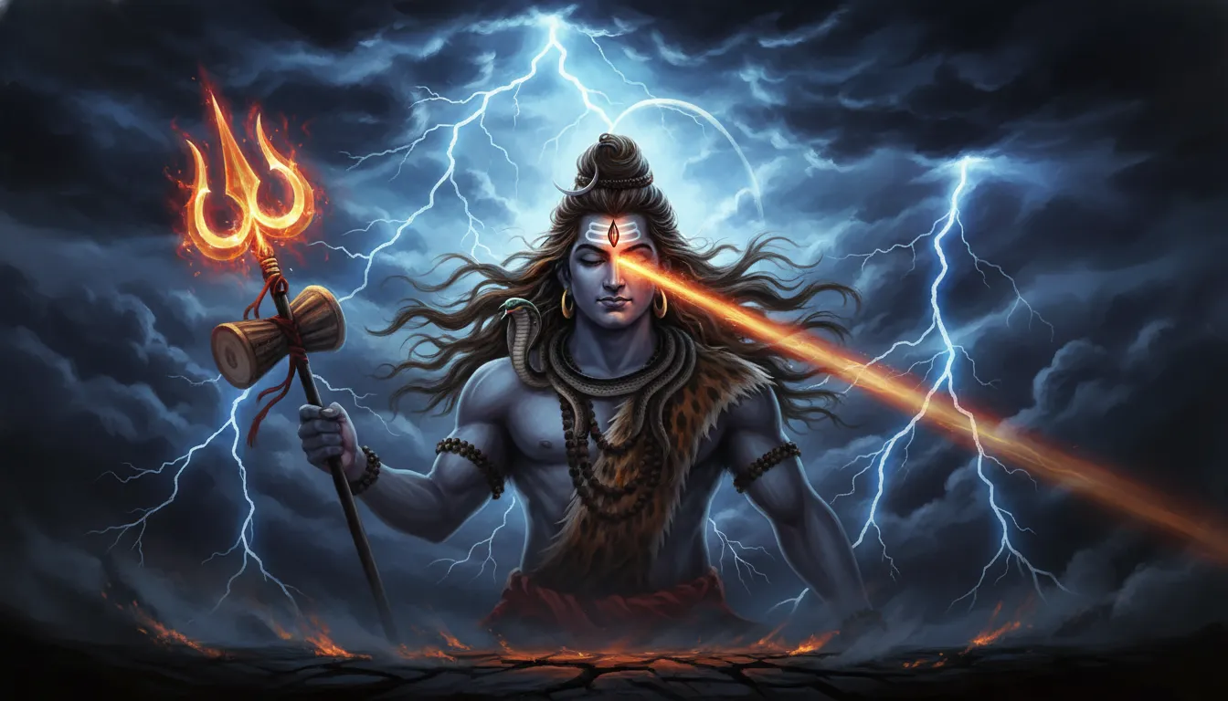 An intense visual of Lord Shiva in his fierce Rudra form with an open third eye and lightning.
