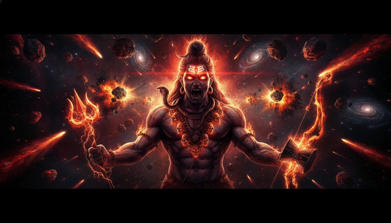 The fierce Rudra avatar of Lord Shiva looking outward with burning red comets and meteors in space.