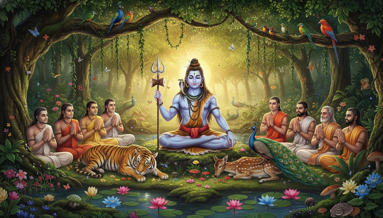 Lord Shiva teaching sages in a lush green forest where tigers, deer, and birds listen in perfect harmony.
