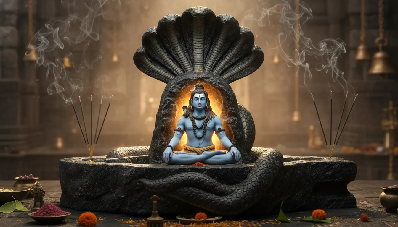 King Vasuki snake wrapped around shivling with bhole nath sitting calmly inside hd photo