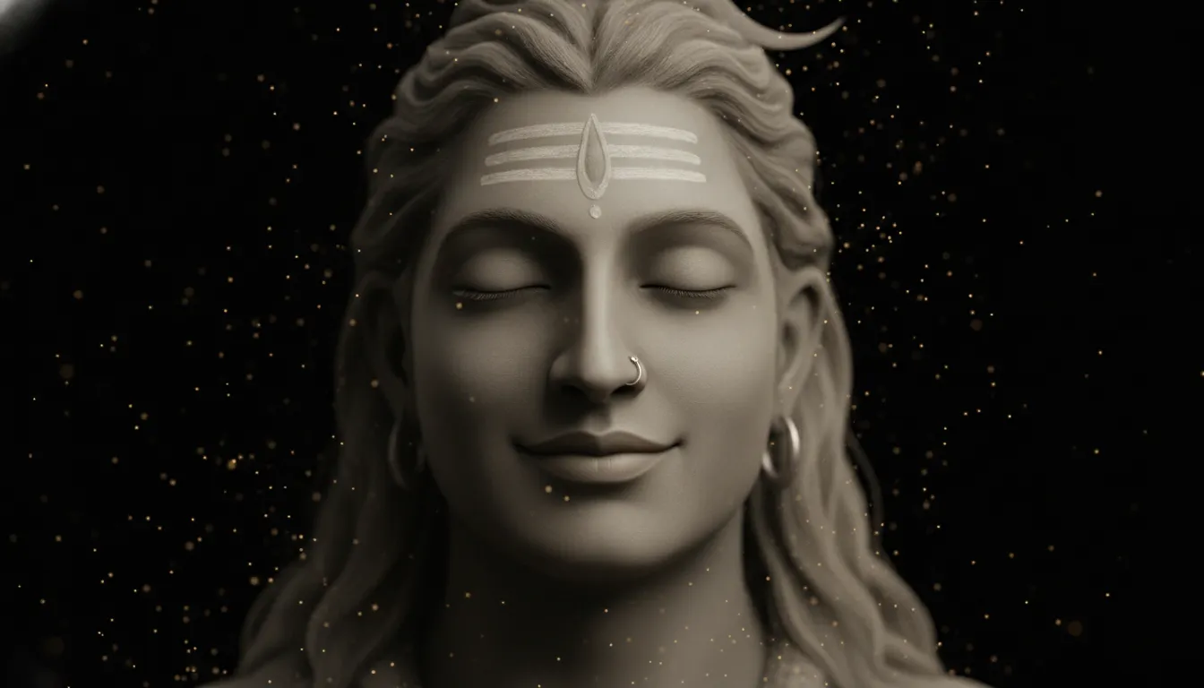 A gentle and peaceful close-up of Lord Shiva smiling softly with closed eyes in a meditative state.