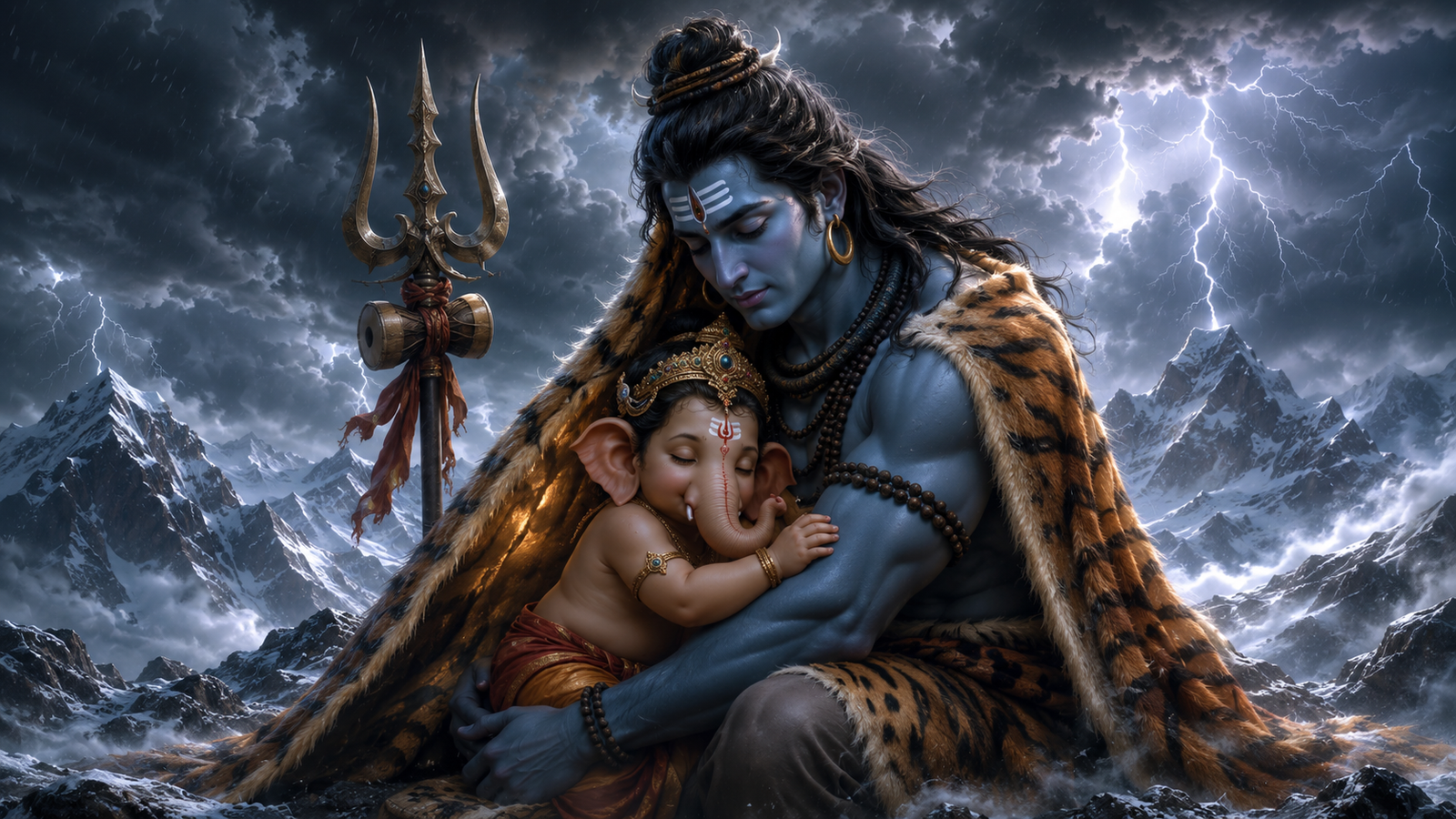 Lord Shiva wrapping his large tiger-skin cloak around a frightened baby Ganesha during a mountain storm.
