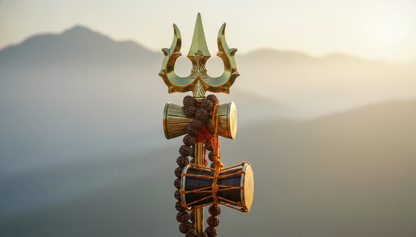 Detailed close up 1080p mahadev photo hd featuring the sacred Trishul, Damru, and textured Rudraksha beads.