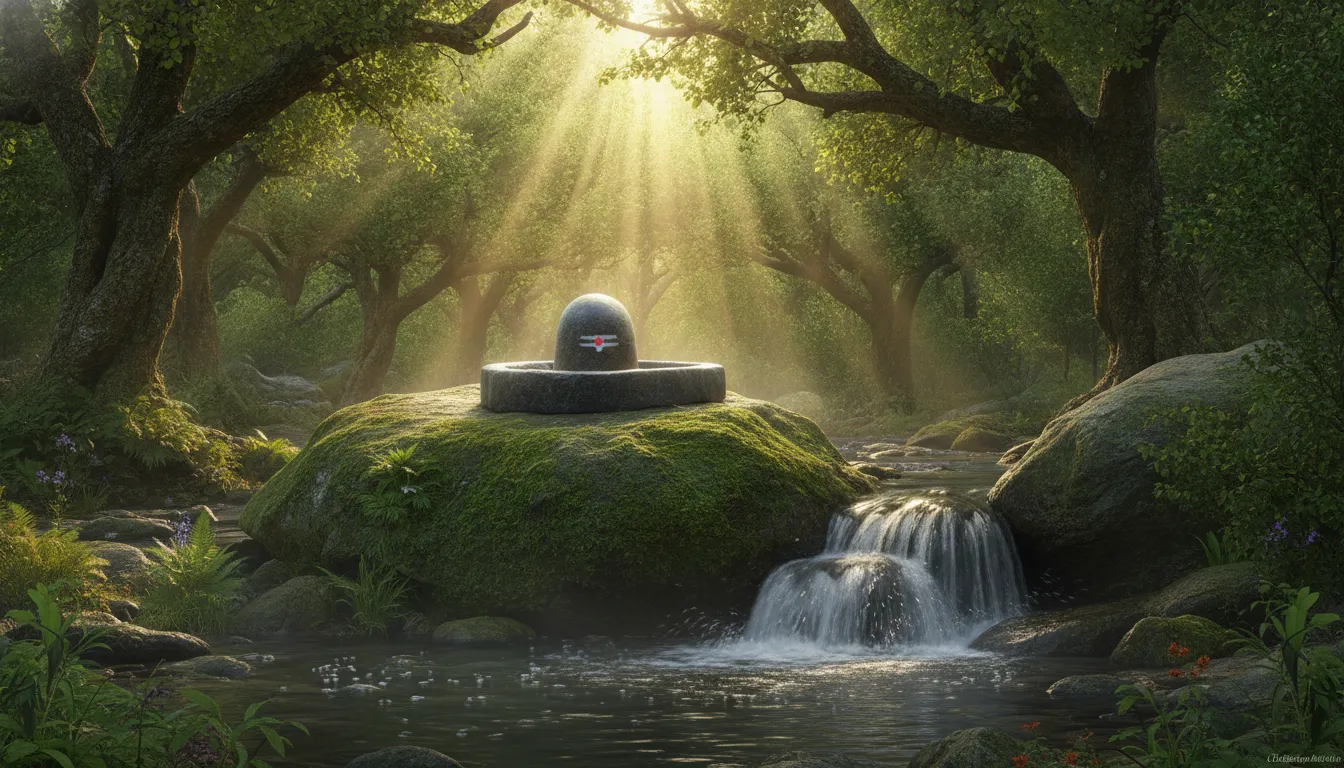 Natural stone Shivling near a peaceful forest waterfall stream