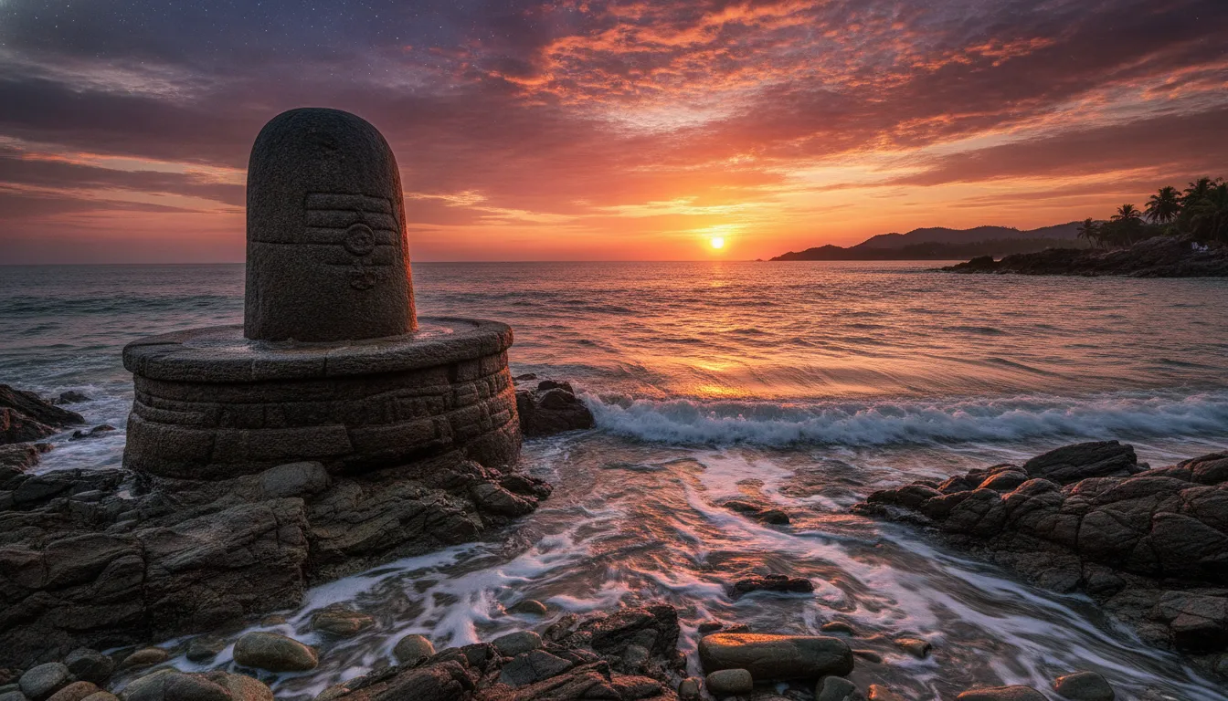 Shivling on a beach shore with ocean waves during a beautiful sunset