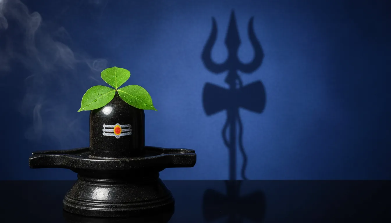 Shivling with Bili Patra leaf featuring a symbolic Trishul shadow on a deep mystical blue background.