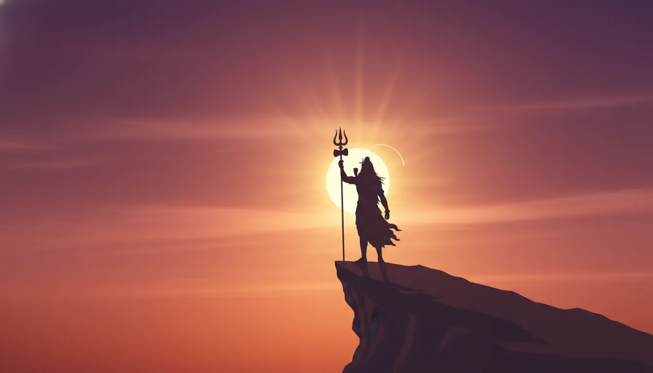 A beautiful silhouette of Lord Shiva holding a Trishul against a vibrant orange and purple sunset.