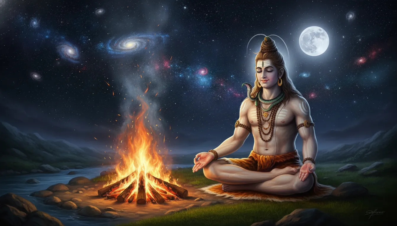 Lord Shiva sitting peacefully by a holy bonfire under a starry night sky.
