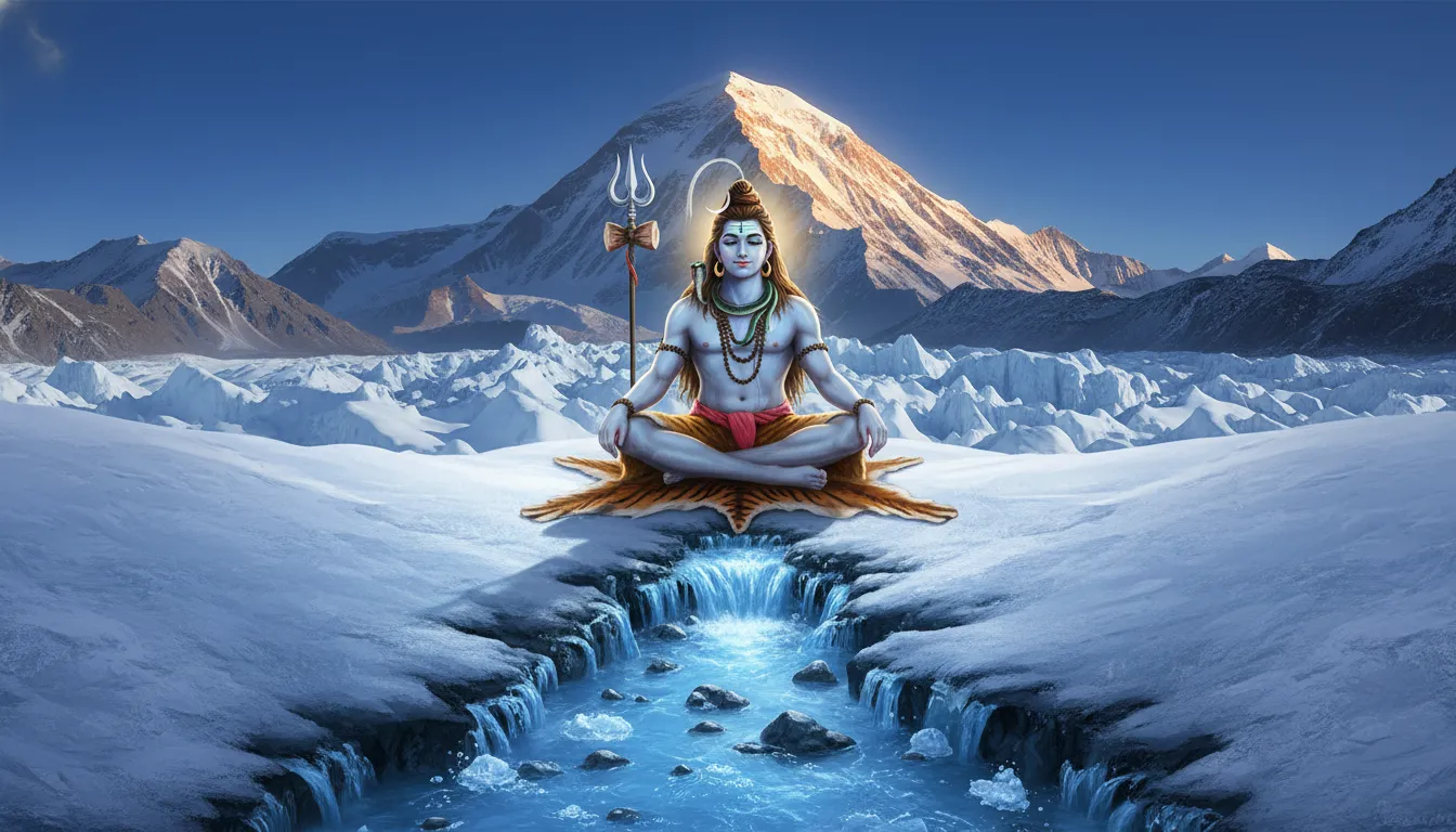 Lord Shiva sitting on a snow covered mountain with Mount Kailash behind him and a glacial river originating nearby.