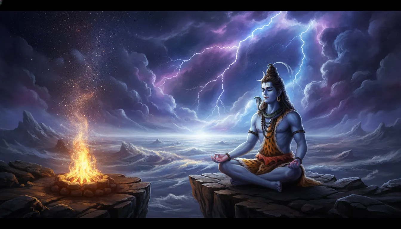 Lord Shiva sitting near a sacred fire pit on a cliff overlooking a cosmic ocean with lightning.