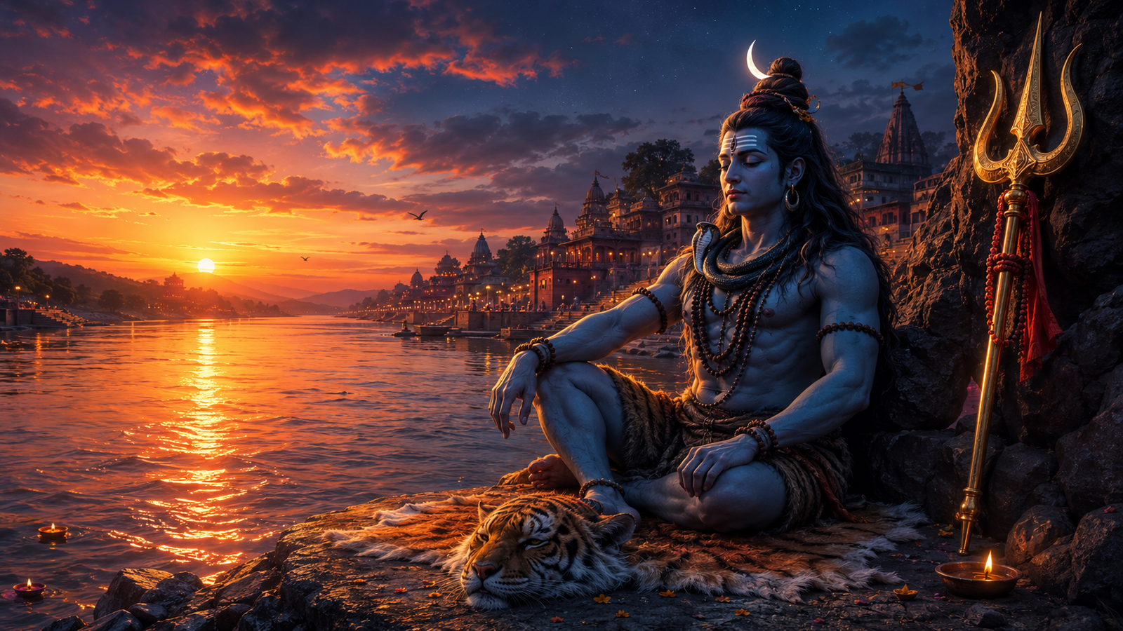 Lord Shiva resting by the river Ganges at dusk with his golden trishul resting nearby.