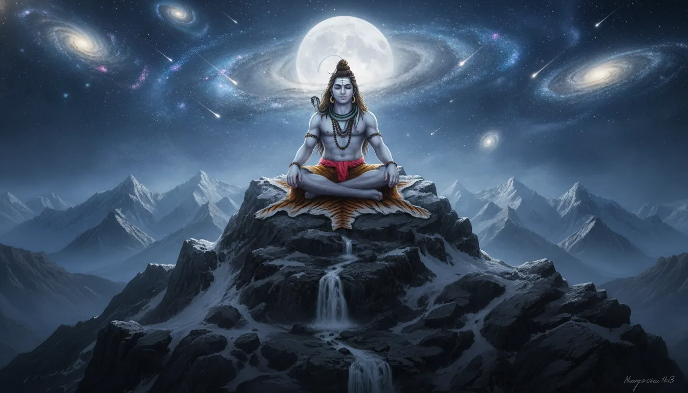 Lord Shiva sitting victoriously on top of Mount Kailash peak looking at the universe