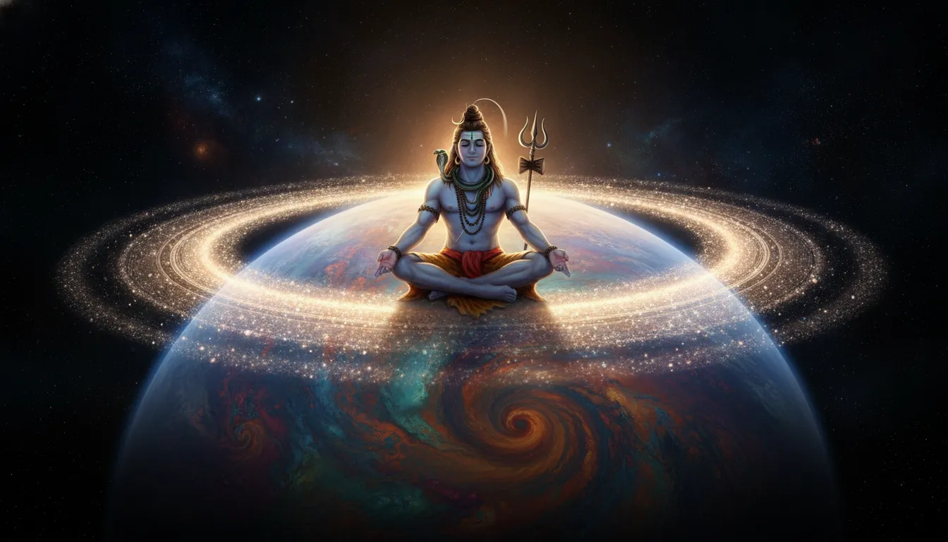 Lord Shiva meditating peacefully on the glowing icy rings of a massive space planet.