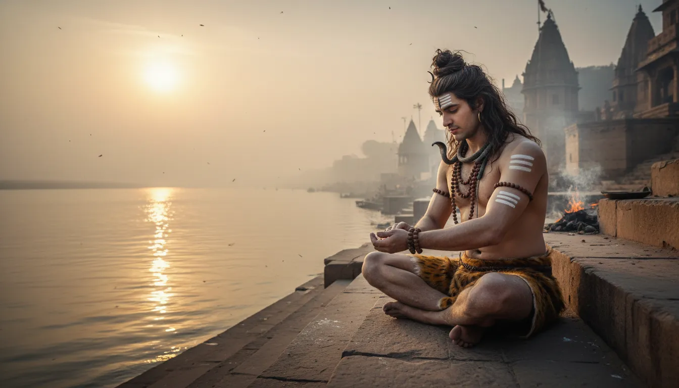 A realistic HD photograph of Lord Shiva applying sacred Bhasma to his arms at a ghat in Varanasi, suitable for "har har mahadev new photos hd."
