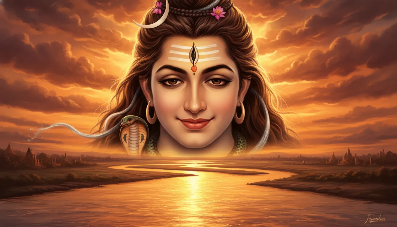 A benevolent close up portrait of Lord Shiva smiling softly with a golden sunset reflecting on the river below.
