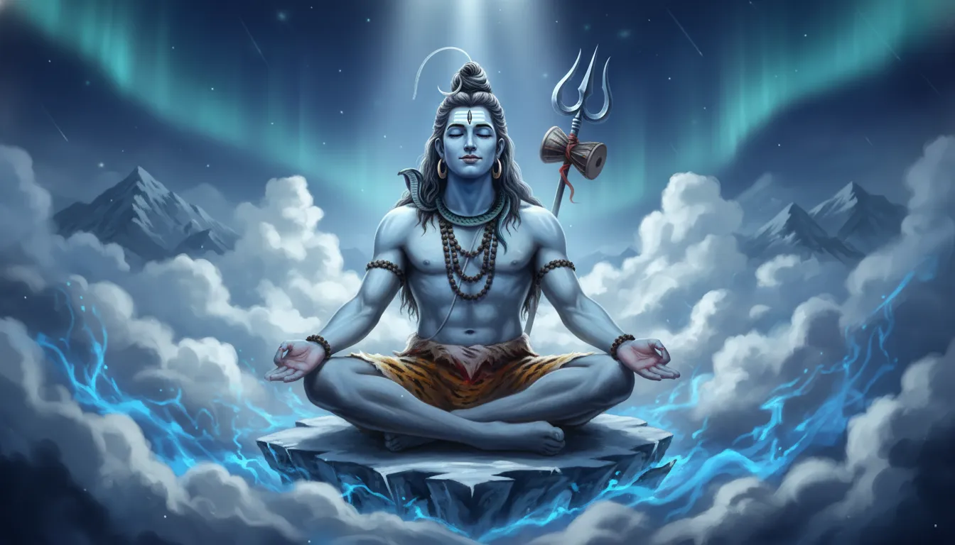 Artistic and respectful depiction of Lord Shiva surrounded by divine smoke and spiritual aura.