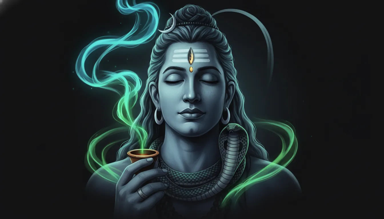 Artistic portrait of Lord Shiva holding a chillum with mystical blue smoke swirls