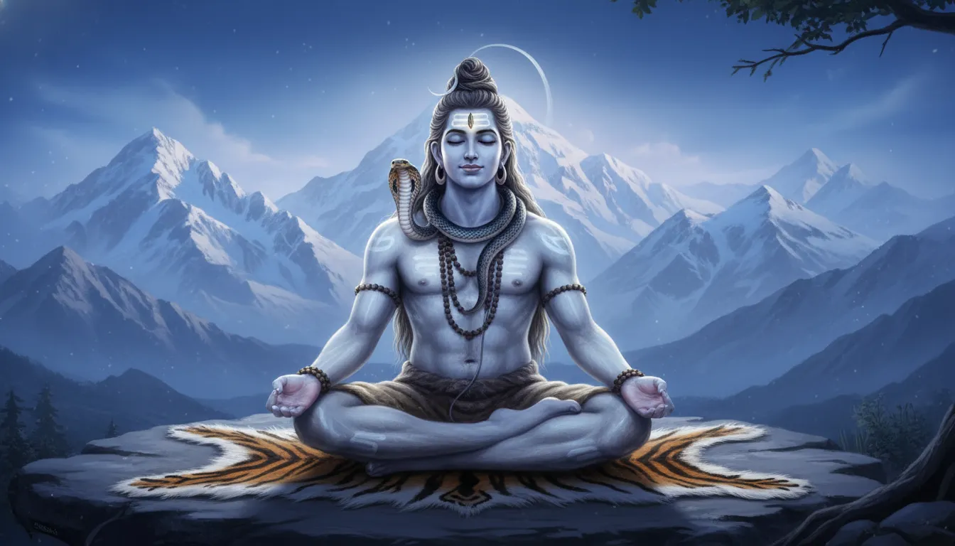 Lord Shiva sitting peacefully in a deep meditative state on a traditional tiger skin mat with Mount Kailash behind him.